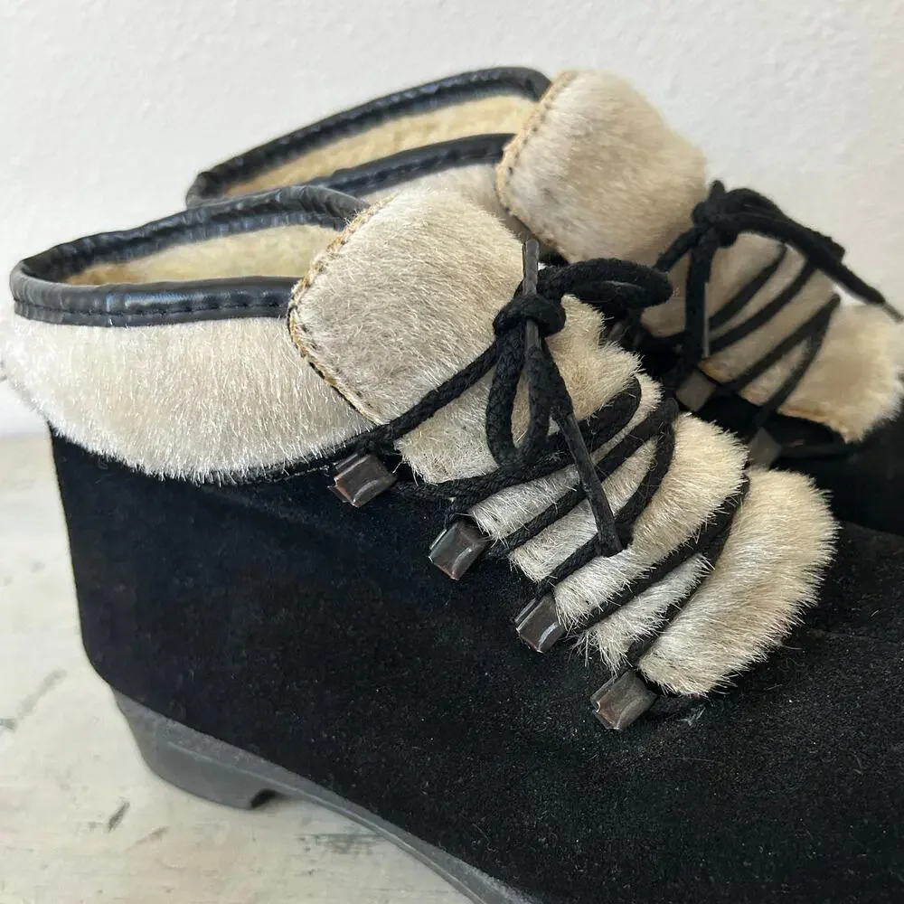 Vintage 70s Yodelers Aspen Black Suede Faux Fur Apres Ski Snow Ankle Boots 7